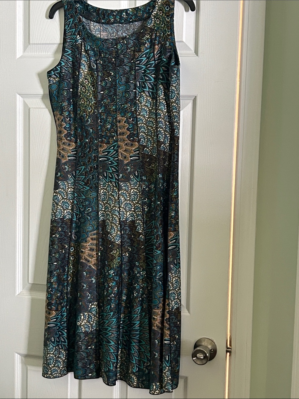 Sleeveless Teal & Black Patterned A-Line Dress
